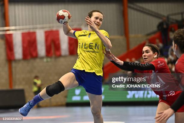 Sint Truiden's Estelle Ghijsens fights for the ball during a game between KTSV Eupen and HB Sint-Truiden, the women's final of the Belgian handball...