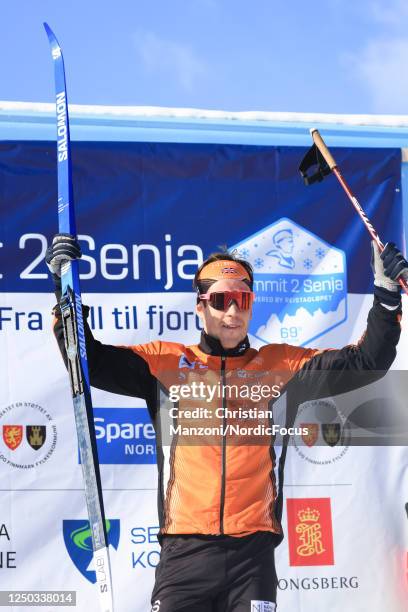 Third placed Andrew Musgrave of Great Britain celebrates during the Ski Classics Reistadlopet Setermoen on April 1, 2023 in Bardufoss, Norway.