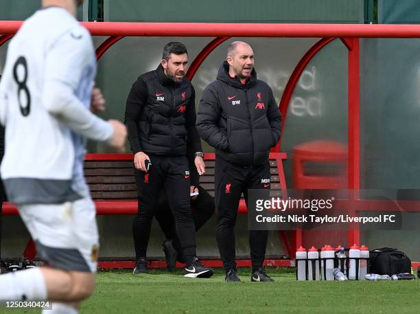 Manager Marc Bridge-Wilkinson of Liverpool during the U18 Premier League game on April 1, 2023 in Kirkby, England.