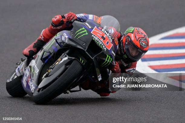 Yamaha French rider Fabio Quartararo takes a turn during the Argentina Grand Prix MotoGP qualifying session at Termas de Rio Hondo circuit, in...