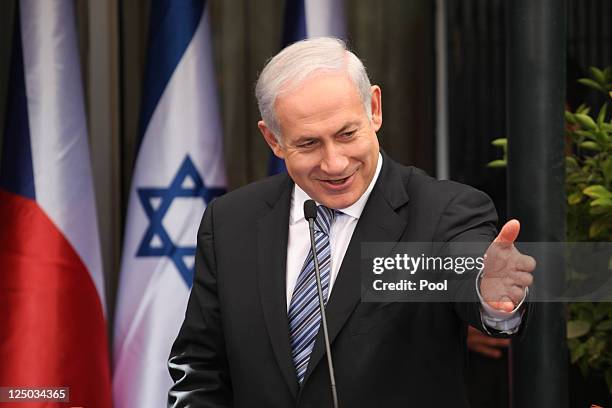 Israeli Prime Minister Benjamin Netanyahu speaks during a joint press conference with his counterpart Czech Prime Minister Petr Necas at Netanyahu's...