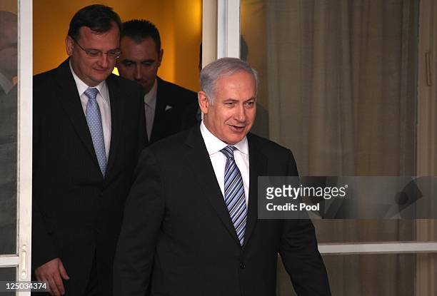 Israeli Prime Minister Benjamin Netanyahu and his counterpart Czech Prime Minister Petr Necas arrive for a joint press conference at Netanyahu's...