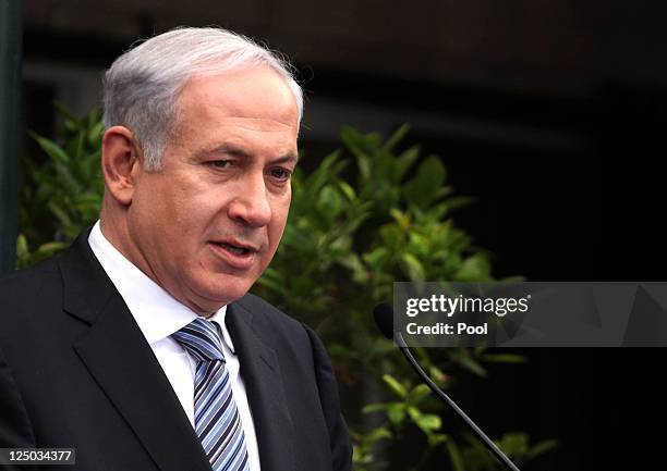 Israeli Prime Minister Benjamin Netanyahu speaks during a joint press conference with his counterpart Czech Prime Minister Petr Necas at Netanyahu's...