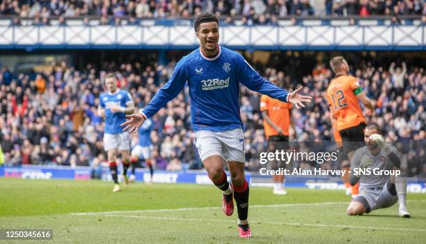 Rangers' Malik Tillman celebrates making it 1-0 during a cinch Premiership match between Rangers and Dundee United at Ibrox, on April 01 in Glasgow,...