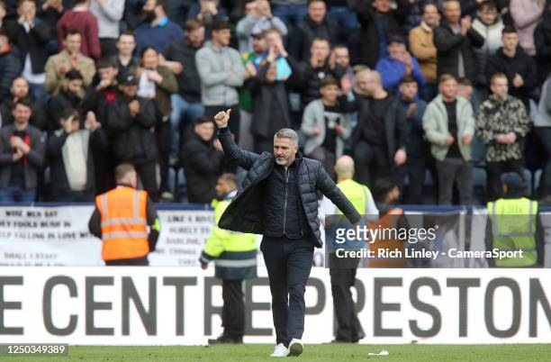 Preston North End manager Ryan Lowe acknowledges the fans at the final whistle during the Sky Bet Championship between Preston North End and...
