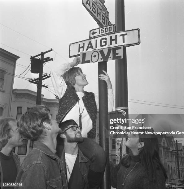 The street sign is changed at the corner of Haight and Ashbury to include LOVE, March 1, 1967. Sharon Sweeney got an assist from Larry Sweeney and...