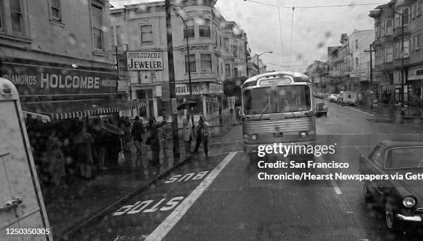 Gray Line bus takes tourists on a "Hippie Tour" through the Haight-Ashbury District in San Francisco on April 26, 1967.