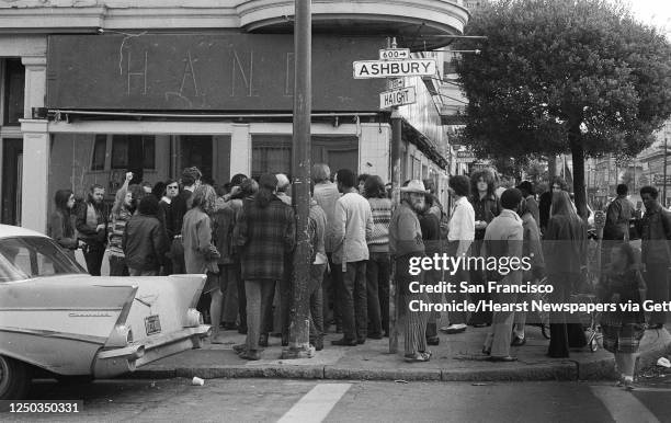 Protest meeting is seen on the corner of Haight and Ashbury streets on October 22, 1970 in San Francisco, Calif.