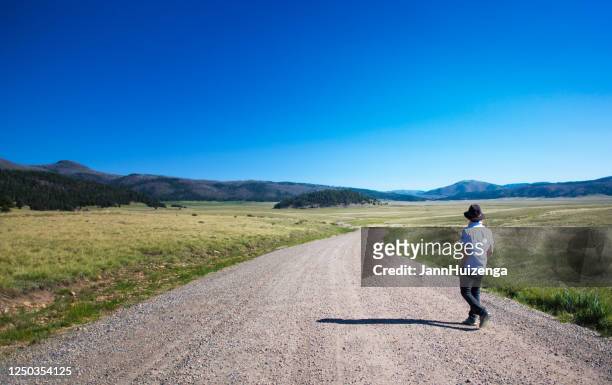 man walking alone in valles caldera wilderness, new mexico - los alamos new mexico stock pictures, royalty-free photos & images