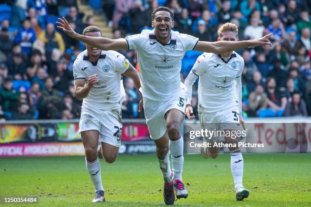 Ben Cabango of Swansea City celebrates scoring during the Sky Bet Championship match between Cardiff City and Swansea City at the Cardiff City...