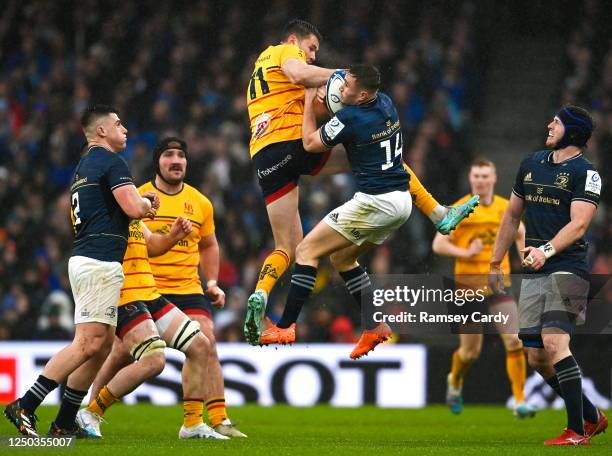 Dublin , Ireland - 1 April 2023; Jacob Stockdale of Ulster in action against Jordan Larmour of Leinster during the Heineken Champions Cup Round of 16...