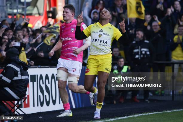 La Rochelle's French wing Teddy Thomas reacts during the European Rugby Champions Cup 1/8th final rugby union match between La Rochelle and...