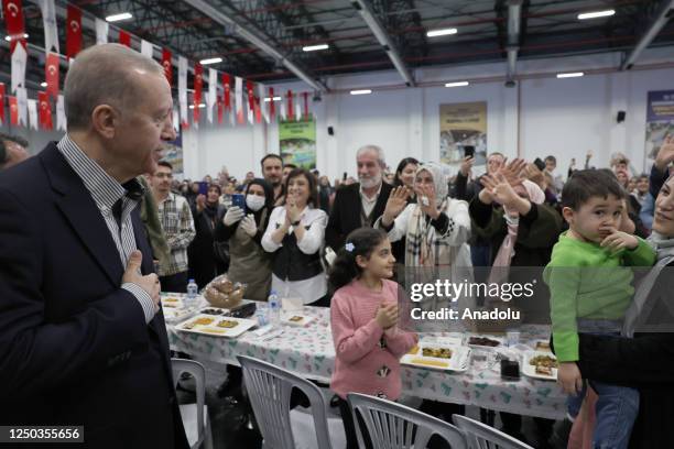 Turkish President Recep Tayyip Erdogan attends an iftar dinner with quake affected people in quake-hit Elazig province, Turkiye on April 1, 2023.