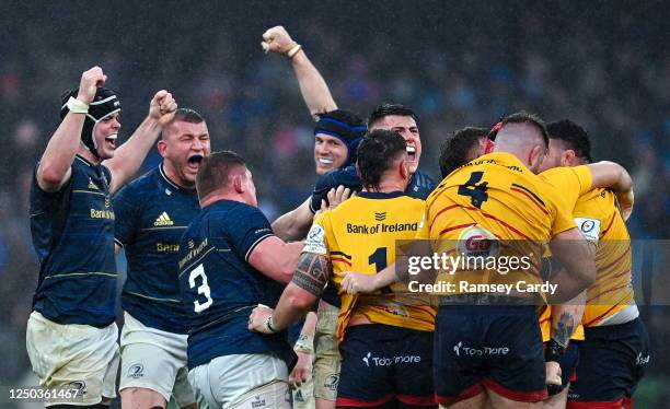 Dublin , Ireland - 1 April 2023; Leinster players celebrate winning a penalty during the Heineken Champions Cup Round of 16 match between Leinster...