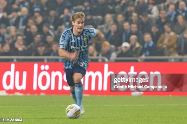 Hampus Finndell of Djurgardens IF runs with the ball during the Allsvenskan match between Djurgardens IF and IF Brommapojkarna at Tele2 Arena on...