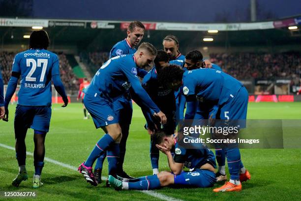Olivier Boscagli of PSV celebrates 0-2 with Johan Bakayoko of PSV, Joey Veerman of PSV, Luuk de Jong of PSV, Phillipp Mwene of PSV, Andre Ramalho of...