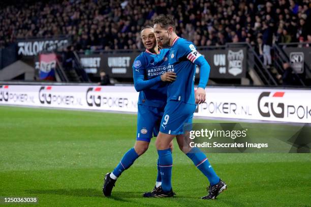 Luuk de Jong of PSV celebrates 0-1 with Xavi Simons of PSV during the Dutch Eredivisie match between NEC Nijmegen v PSV at the Goffert Stadium on...