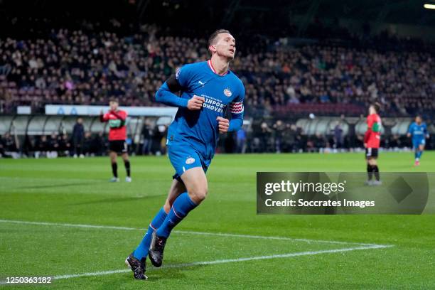 Luuk de Jong of PSV celebrates 0-1 during the Dutch Eredivisie match between NEC Nijmegen v PSV at the Goffert Stadium on April 1, 2023 in Nijmegen...