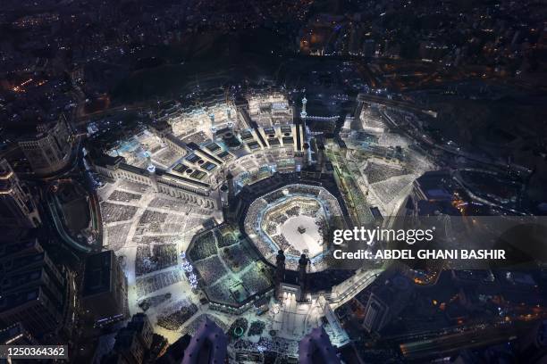 This picture taken on April 1, 2023 during the Muslim holy fasting month of Ramadan, from the Mecca Royal Clock Tower of the Abraj al-Bait skyscraper...
