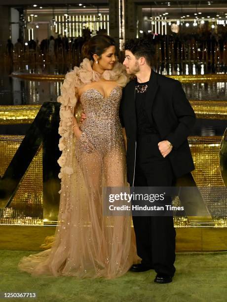 Bollywood actress Priyanka Chopra with American singer and husband Nick Jonas during the inauguration of the Nita Mukesh Ambani Cultural Centre , at...