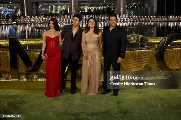 Bollywood actor Salman Khan with Gauri Khan, wife of Shahrukh Khan, and children Suhana Khan and Aryan Khan during the inauguration of the Nita...