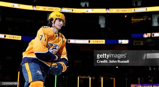 Luke Evangelista of the Nashville Predators skates as first star of the game against the St. Louis Blues during an NHL game at Bridgestone Arena on...