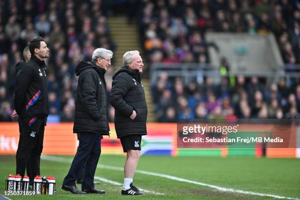 Manager Roy Hodgson of Crystal Palace with assistants Paddy McCarthy and Ray Lewington during the Premier League match between Crystal Palace and...