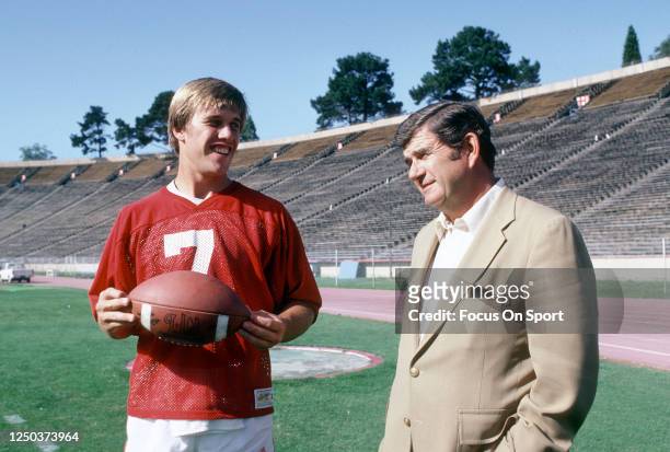 Quarterback John Elway of the Stanford Cardinal in this photo circa 1982 at Stanford Stadium in Palo Alto, California .