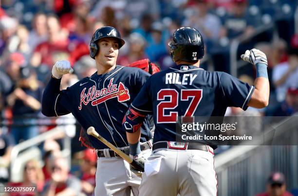Atlanta Braves first baseman Matt Olsen celebrates with third baseman Austin Riley after his first inning home run during the Atlanta Braves versus...