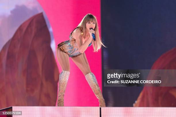 Singer-songwriter Taylor Swift performs onstage on the first night of her "Eras Tour" at AT&T Stadium in Arlington, Texas, on March 31, 2023.