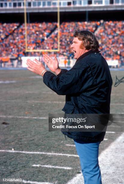 John Madden head coach of the Oakland Raiders looks on from the sidelines against the Denver Broncos during the AFC Championship Game on January 1,...