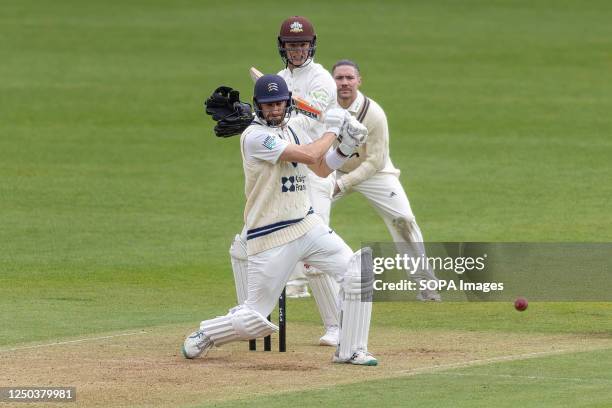 Stephen Ezkinazi of Middlesex pulls a ball through the leg side against Surrey in the final Pre-Season match as the LV-County Championship starts in...