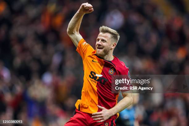 Fredrik Midtsjo of Galatasaray celebrating scoring his sides first goal during the Turkish Super Lig match between Galatasaray and Adana Demirspor at...