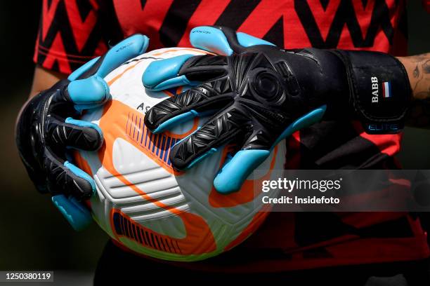 Selena Babb of AC Milan holds the ball as she warms up during the Women Serie A playoff football match between AS Roma and AC Milan. AS Roma won 3-1...