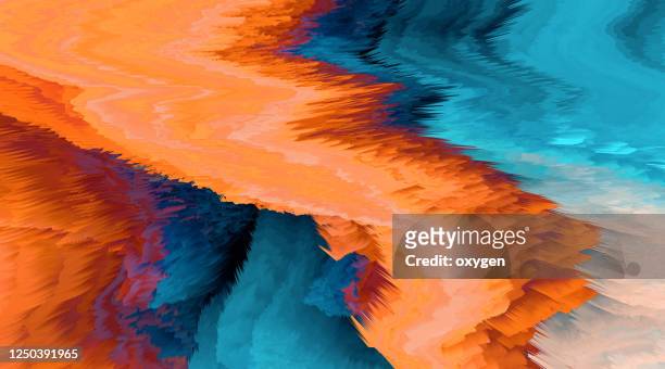 blue orange abstract distorted pyramid background. glitch texture geometric square extrude - colore brillante foto e immagini stock