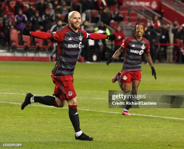 April 1 In first half action, Toronto captain Michael Bradley celebrates his header goal off a corner kick. The Toronto FC took on the Charlotte FC...