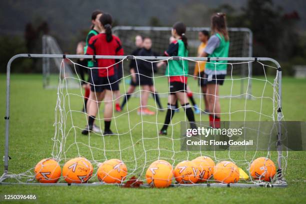 Training the the rain for the Warkworth Football Club's 13th grade girls Phoenix team at Shoesmith Domain, Warkworth on June 18, 2020 in Auckland,...