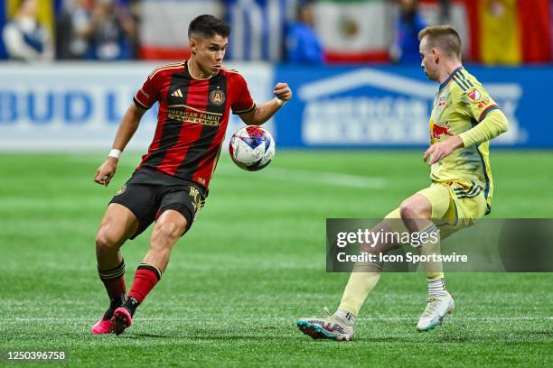 Atlanta midfielder Luiz Araujo settles the ball during the MLS match between the New York Red Bulls and Atlanta United FC on April 1st, 2023 at...