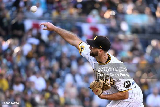 David Dahl of the San Diego Padres pitches during the first inning of a baseball game against the Colorado Rockies April 1, 2023 at Petco Park in San...