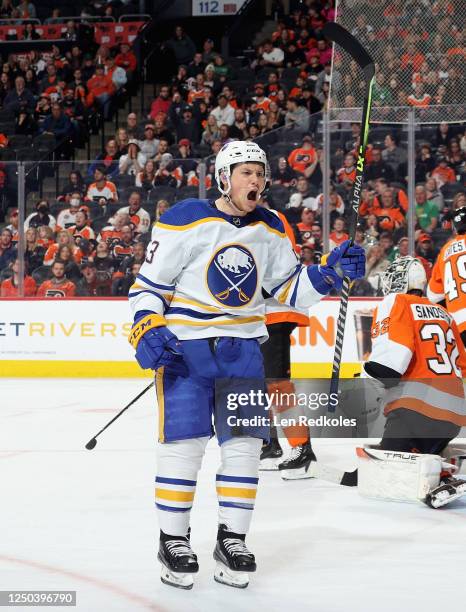 Jeff Skinner of the Buffalo Sabres reacts after a second period goal scored against the Philadelphia Flyers by teammate Alex Tuch at the Wells Fargo...