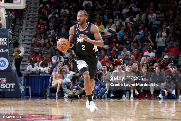 Kawhi Leonard of the LA Clippers dribbles the ball against the New Orleans Pelicans on April 1, 2023 at the Smoothie King Center in New Orleans,...