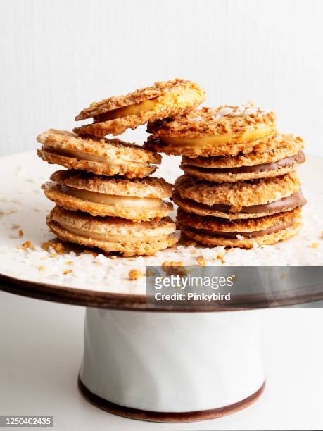 cookie, keks, sandwich kakao-cookie mit crema, sandwich cookies, - coconut biscuits stock-fotos und bilder