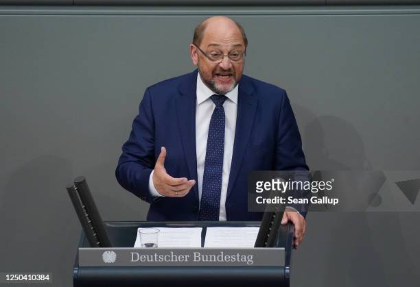 Martin Schulz of the German Social Democrats speaks after Chancellor Angela Merkel gave a government declaration at the Bundestag on Germany's...