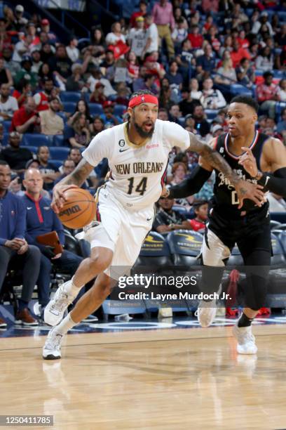 Brandon Ingram of the New Orleans Pelicans drives to the basket against the LA Clippers on April 1, 2023 at the Smoothie King Center in New Orleans,...