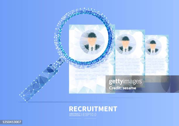 recruitment, magnifying glass to view resume on recruitment webpage, vector dotted line connection low polygon recruitment background - human resources background stock illustrations