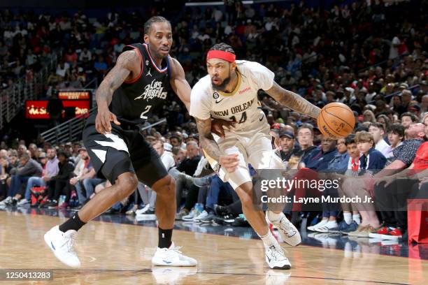 Brandon Ingram of the New Orleans Pelicans dribbles the ball against the LA Clippers on April 1, 2023 at the Smoothie King Center in New Orleans,...