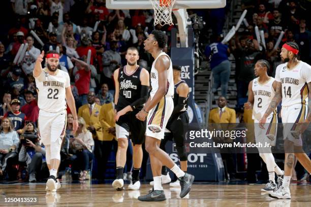 Herbert Jones of the New Orleans Pelicans celebrates during the game against the LA Clippers on April 1, 2023 at the Smoothie King Center in New...