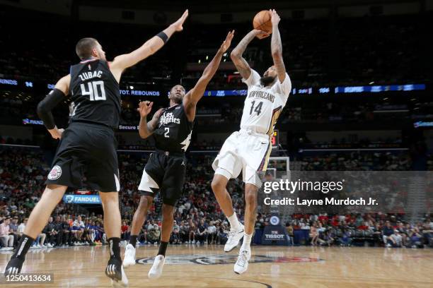 Brandon Ingram of the New Orleans Pelicans shoots the ball against the LA Clippers on April 1, 2023 at the Smoothie King Center in New Orleans,...