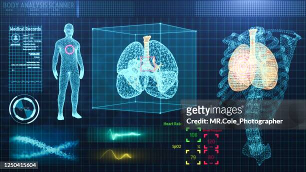 three dimensional user interface hud of medical technology,rib and lung wire-frame model of human organ analysis background for medical technology - hud interfaz de usuario gráfica fotografías e imágenes de stock