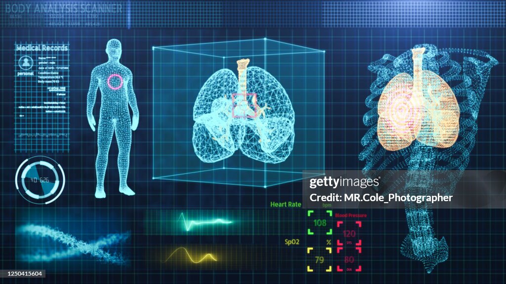 Three Dimensional user interface HUD of medical technology,rib and lung Wire-frame Model of Human organ analysis background for medical technology